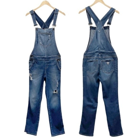 Vintage Guess Jeans Distressed Denim Overalls Medium Wash Straight Leg Size 26 2 - Picture 1 of 16
